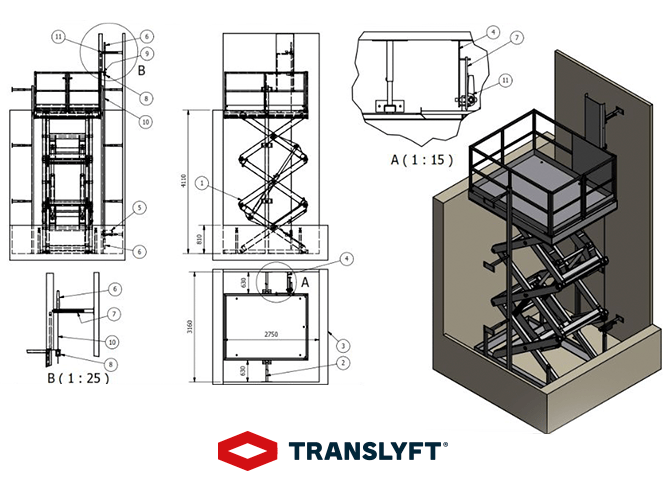 Translyft 3d sketch of lifting table for goods